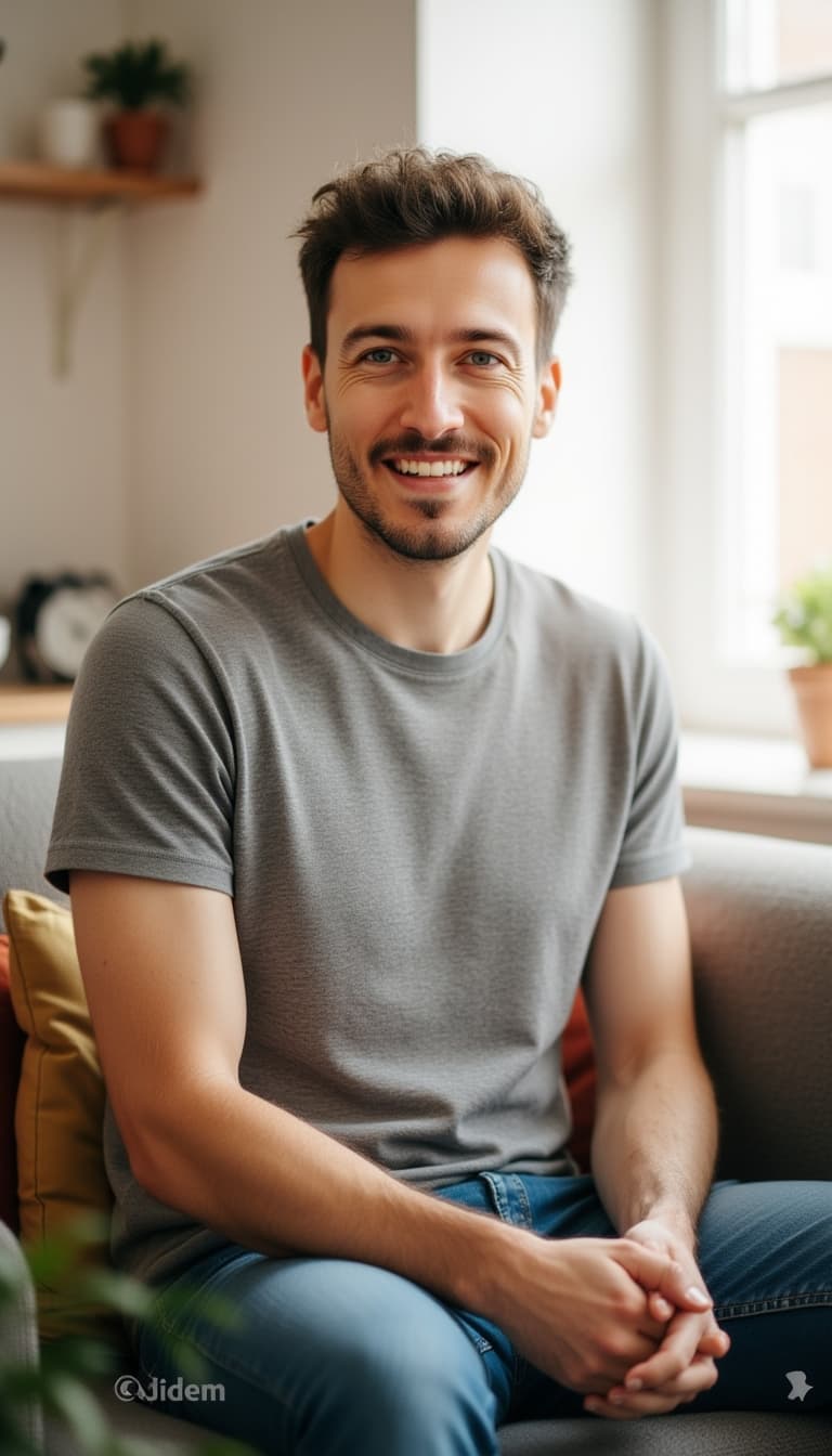 Authentic home lifestyle photo, relaxed on couch or in comfortable setting, wearing casual fitted t-