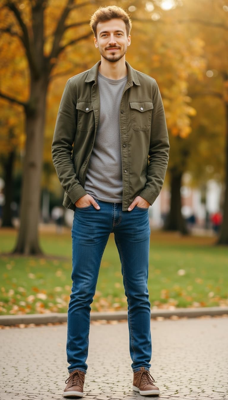 Candid full body photo, standing relaxed and confident, wearing fitted jeans with casual shirt or sw