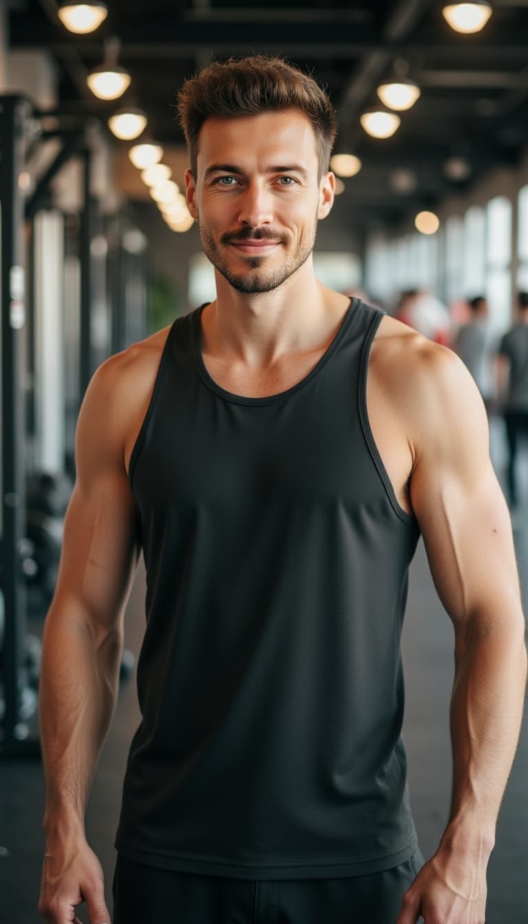 Athletic lifestyle photo at gym or outdoor fitness setting, wearing fitted athletic wear, dynamic en