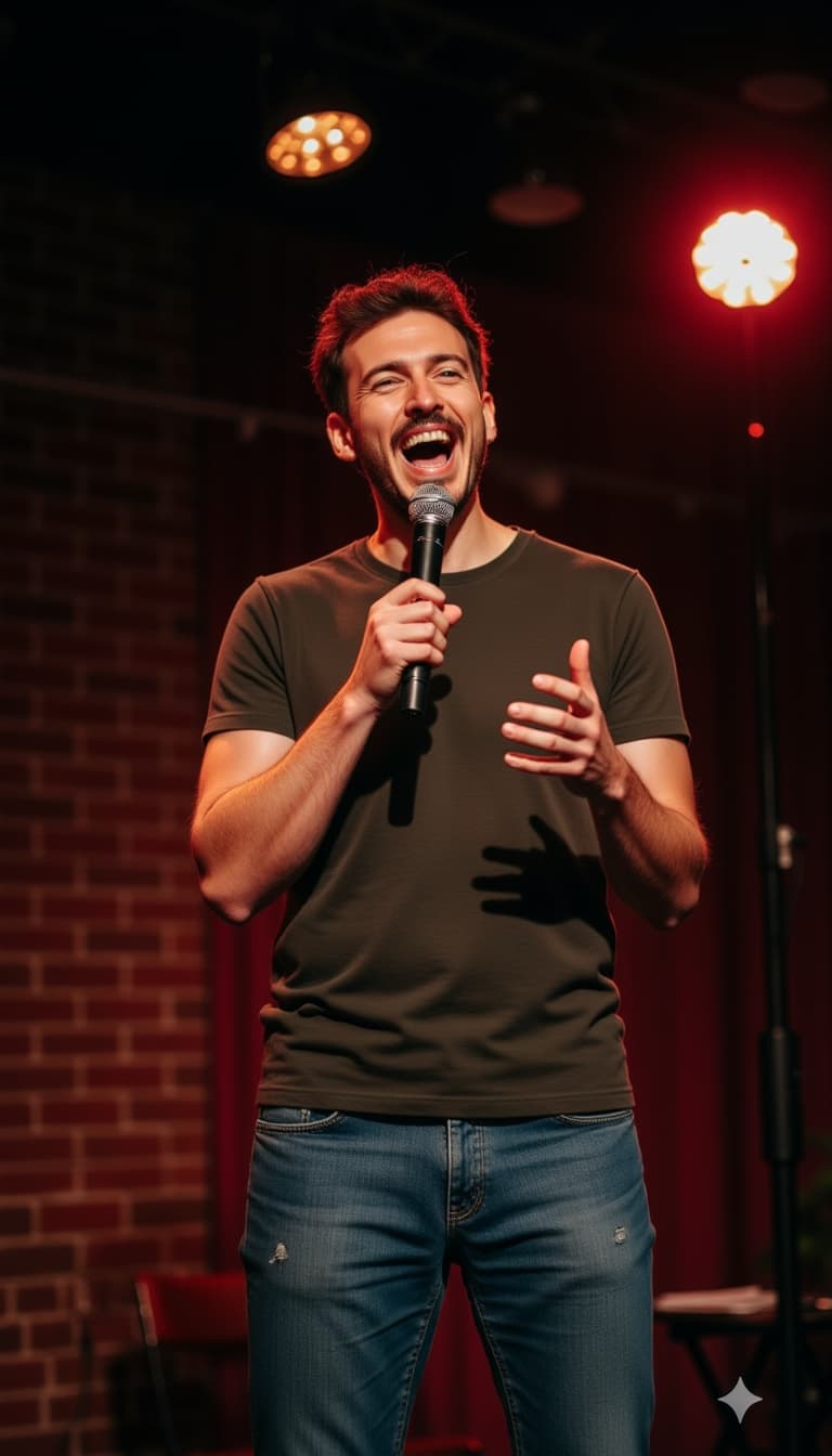Subject mid-laugh during stand-up comedy performance, professional stage lighting, microphone in han