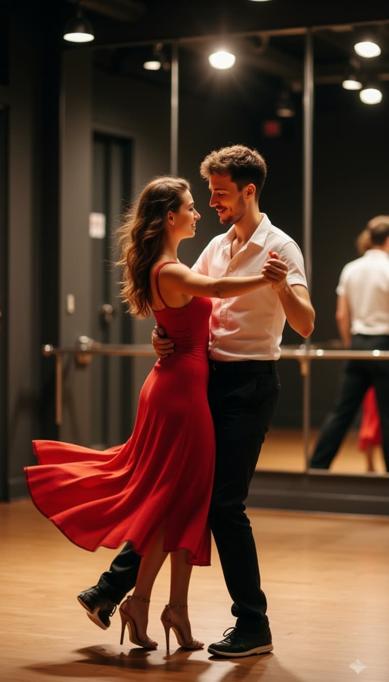 Subject teaching salsa dance, captured in elegant spin motion, dance studio mirrors creating infinit