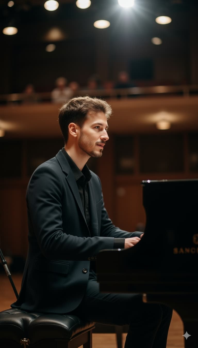 Subject performing at grand piano, concert hall setting, profile shot capturing deep emotional expre