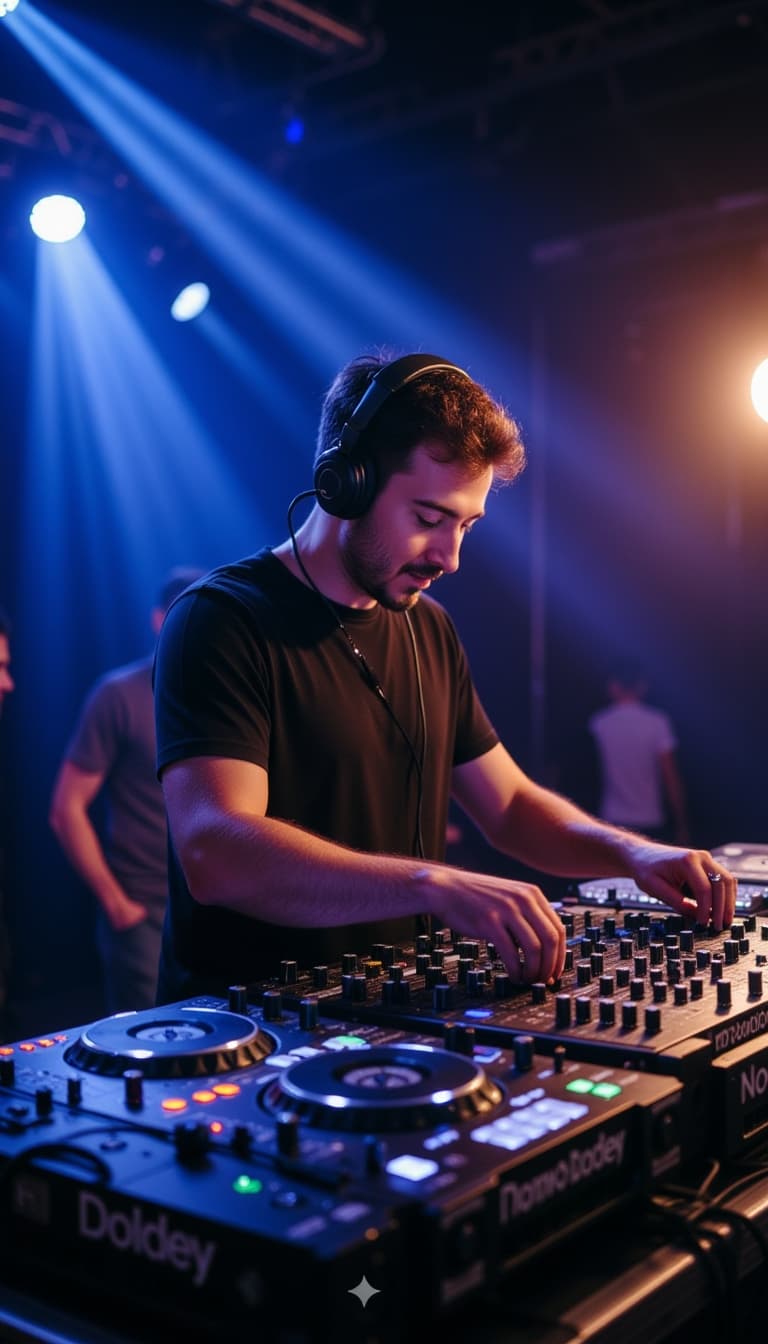 Subject DJing at upscale club, focused on mixing deck, LED light streams creating dynamic atmosphere