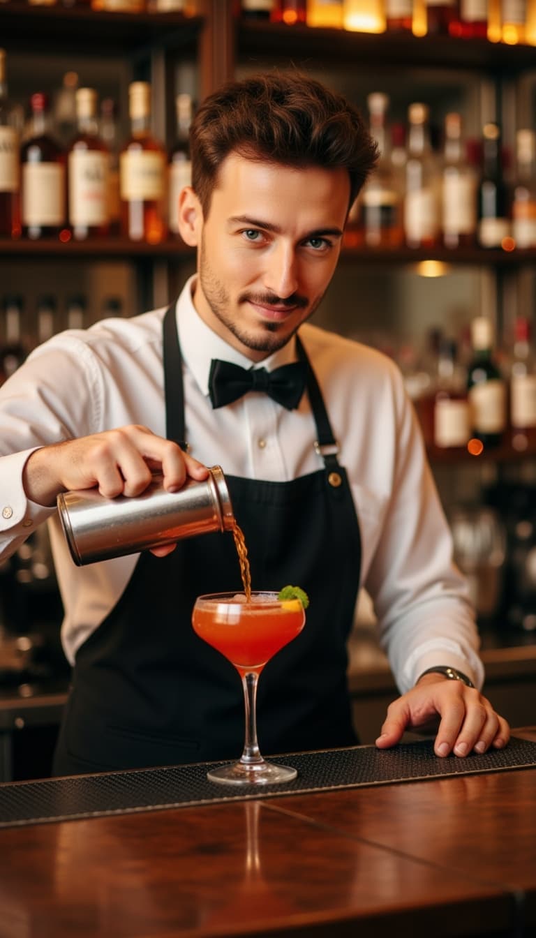 Subject bartending at charity gala, capturing perfect pour of craft cocktail, focused hands creating