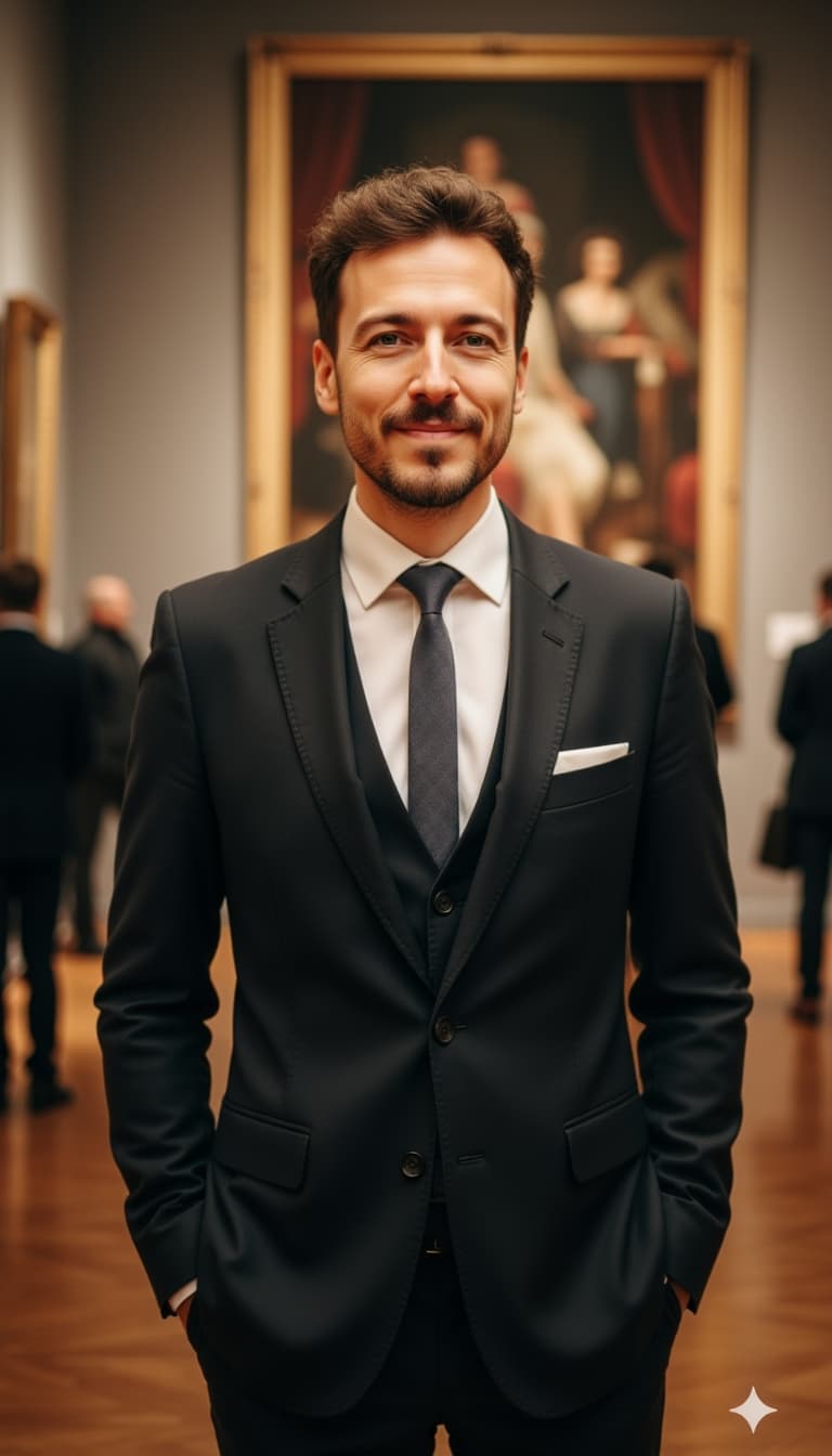Subject as auctioneer at prestigious art gallery, sharp business attire, genuine animated expression