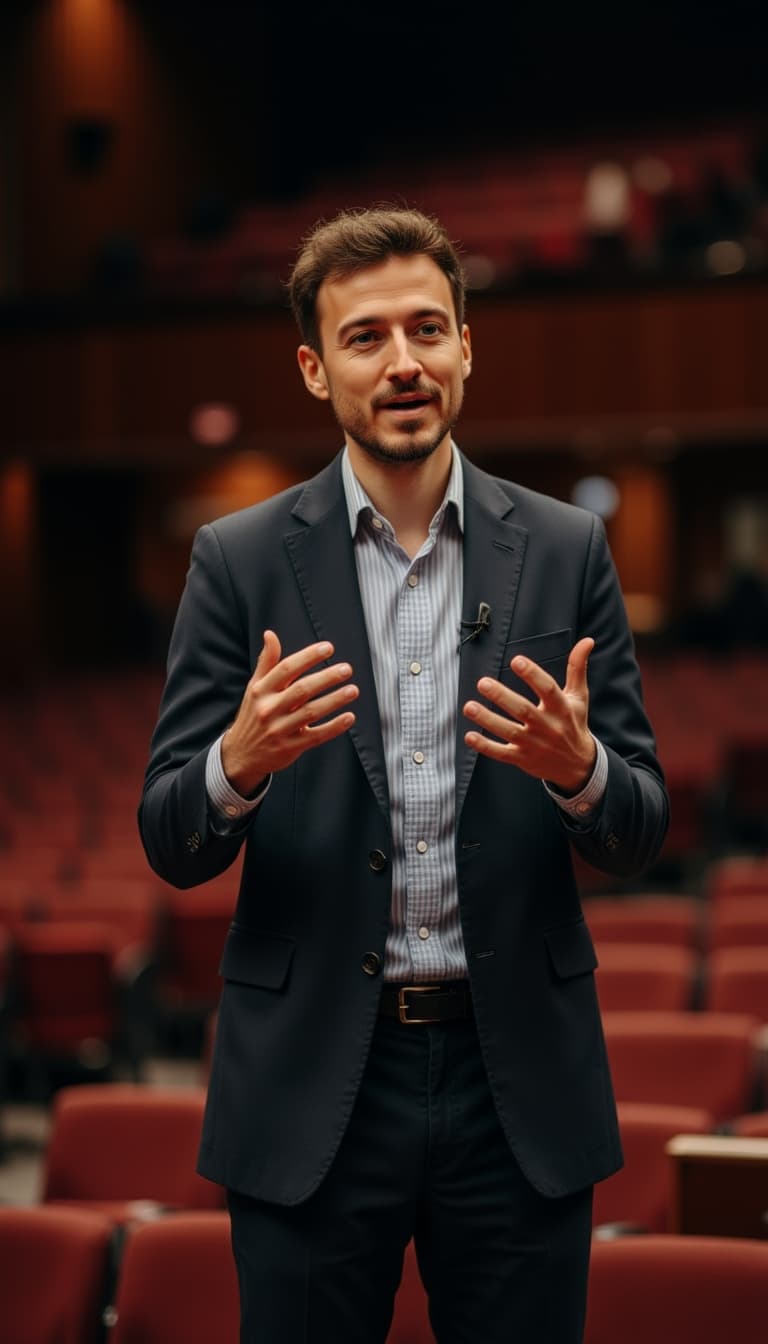 Subject giving keynote speech, captured mid-gesture on luxurious stage, professional spotlighting, t