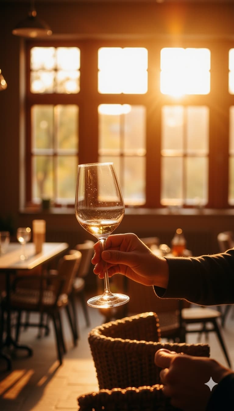 Subject wine tasting at exclusive vineyard, golden hour lighting through floor-to-ceiling windows, e