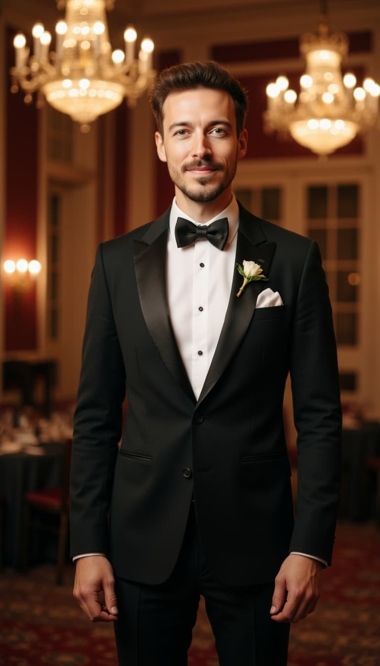 Subject as master of ceremony, elegant formal wear, shot from elevated front angle, dramatic stage l