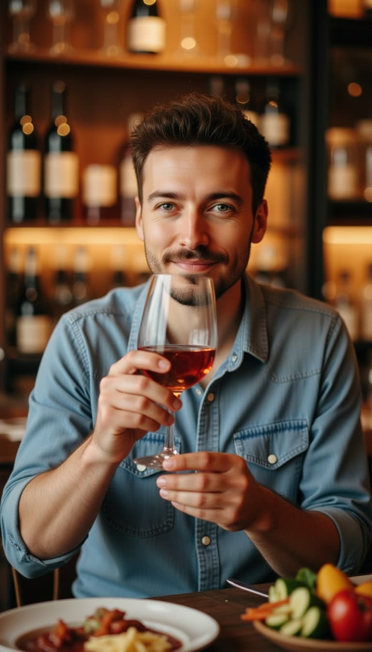 Subject appreciating artisanal wine at upscale vineyard tasting room, smart casual attire, genuine e