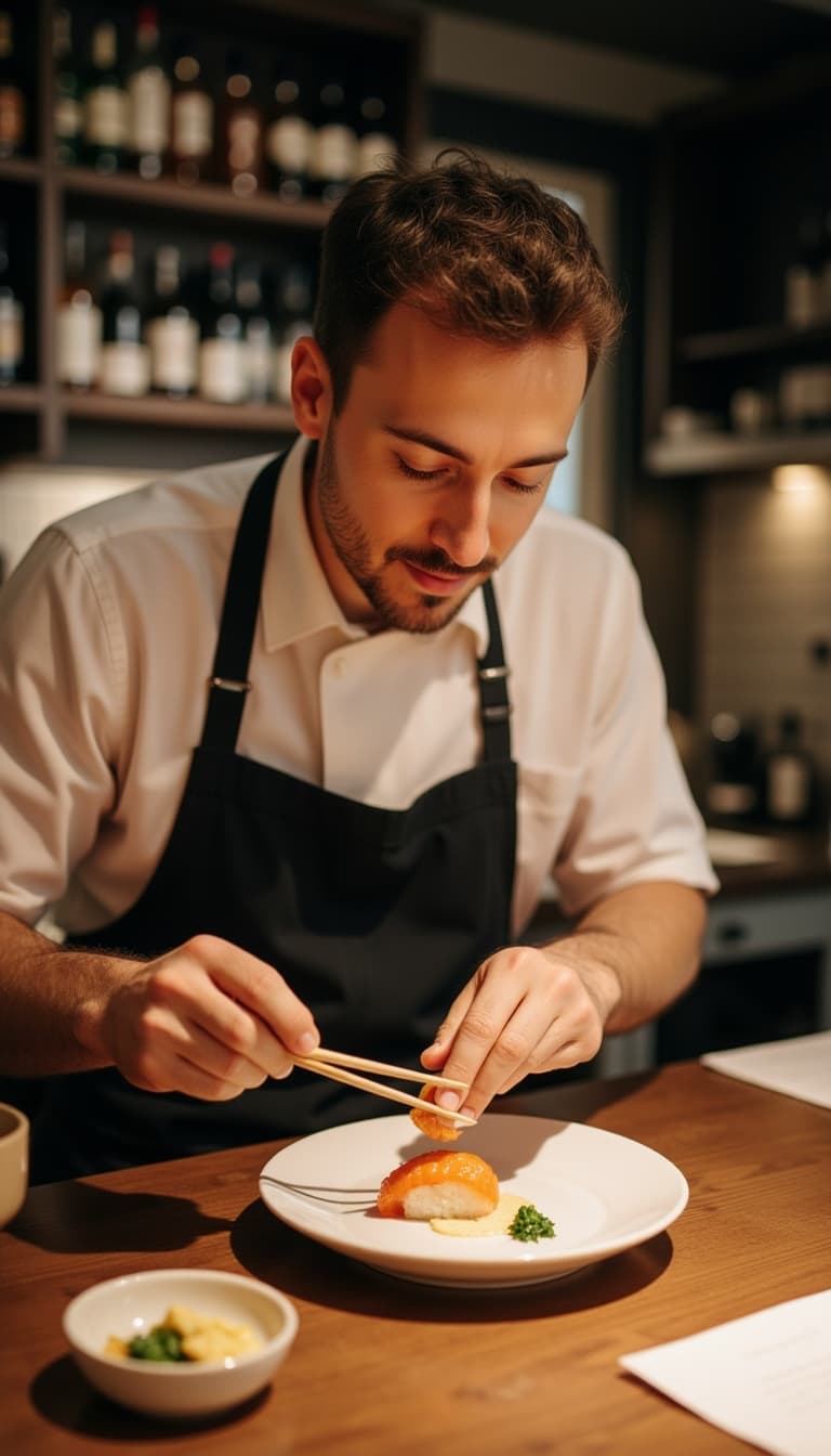 High-end sushi experience, subject at omakase counter, business casual attire, appreciating chef's c