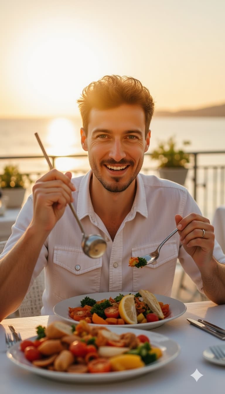 Seaside dining scene, subject enjoying fresh seafood platter, linen shirt, ocean backdrop, sunset go