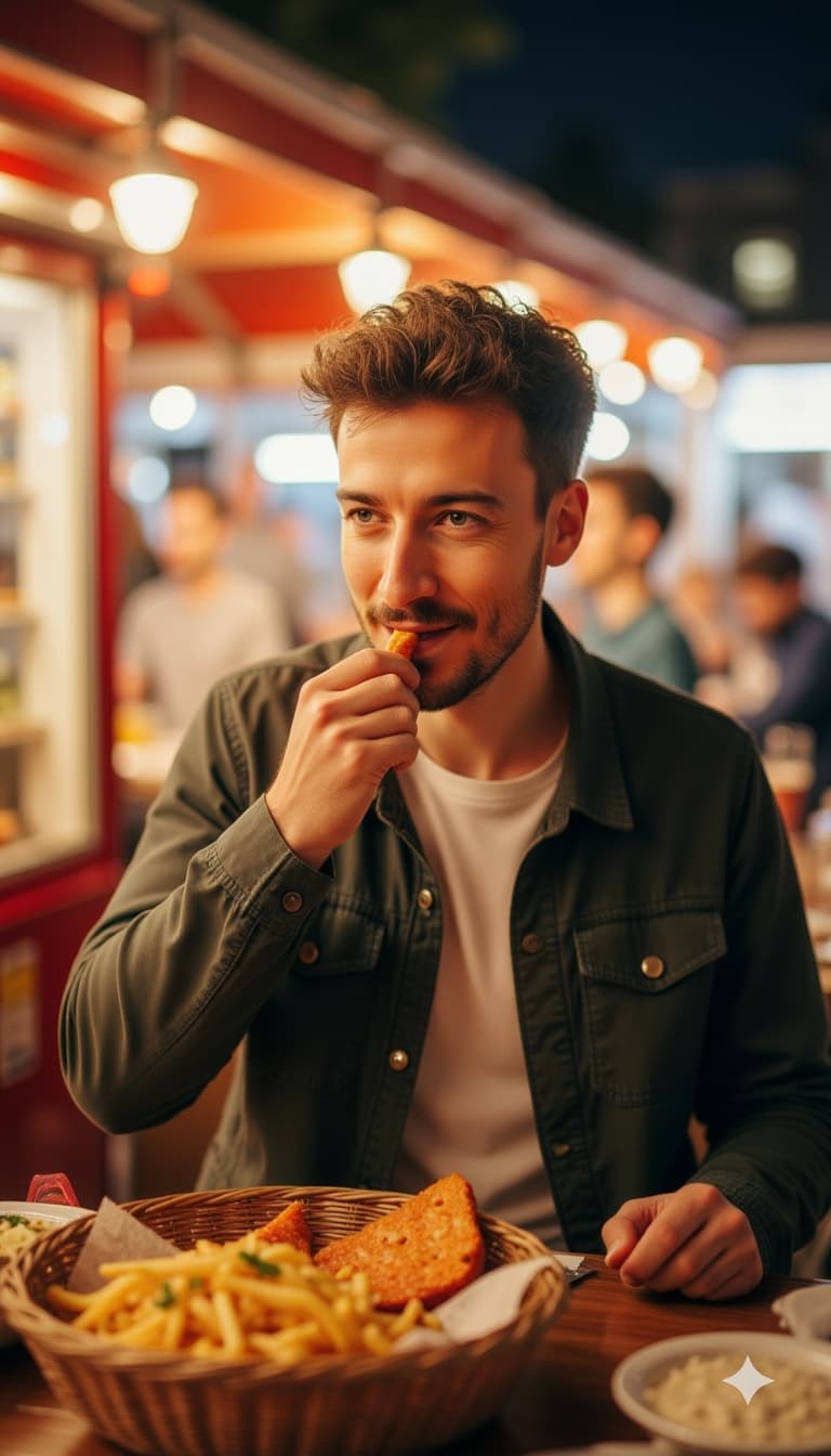 Subject savoring authentic street food at vibrant night market, smart casual wear, genuine joy in di