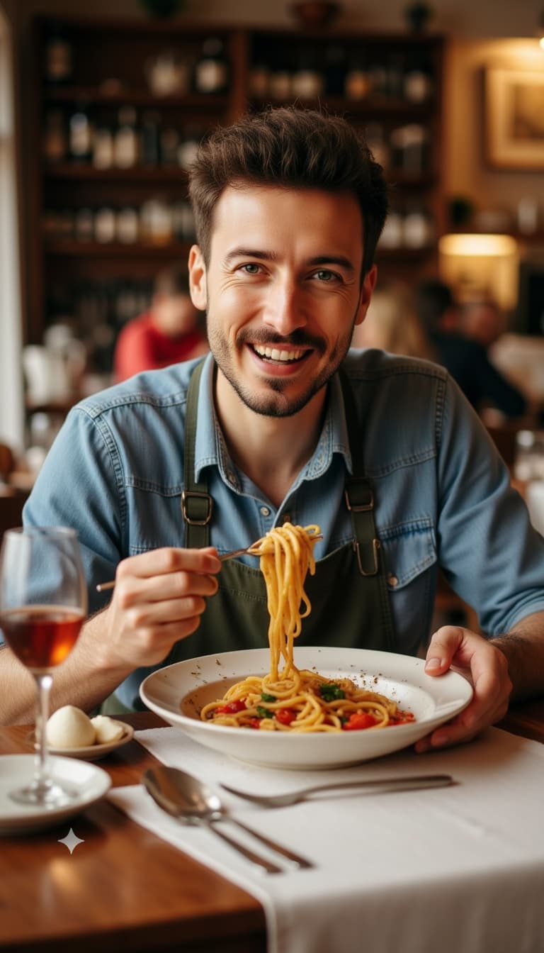 Traditional Italian trattoria, subject tasting handmade pasta, smart Mediterranean style, animated e