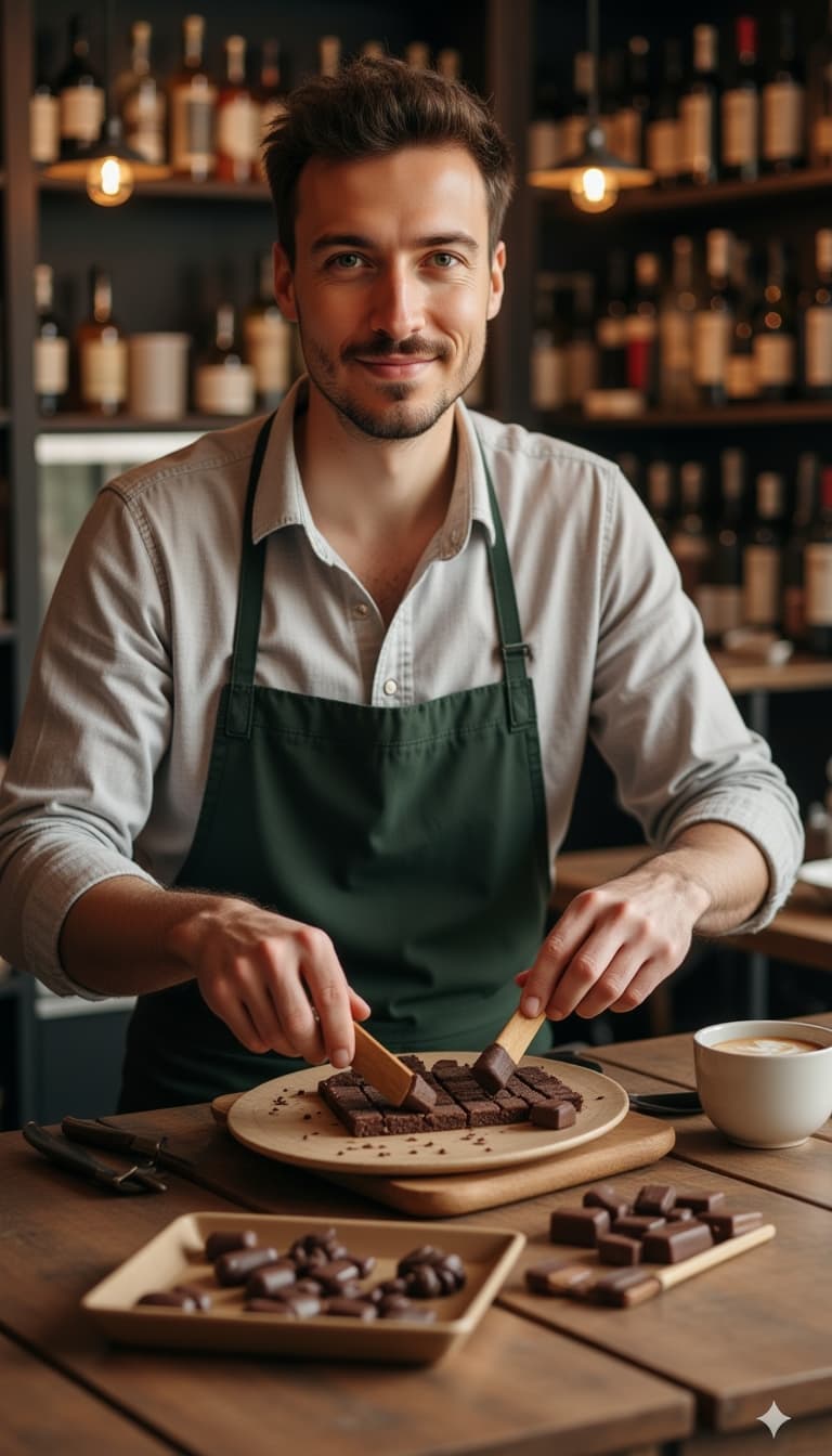 Subject at artisanal chocolate tasting, sophisticated casual wear, focused appreciation expression,