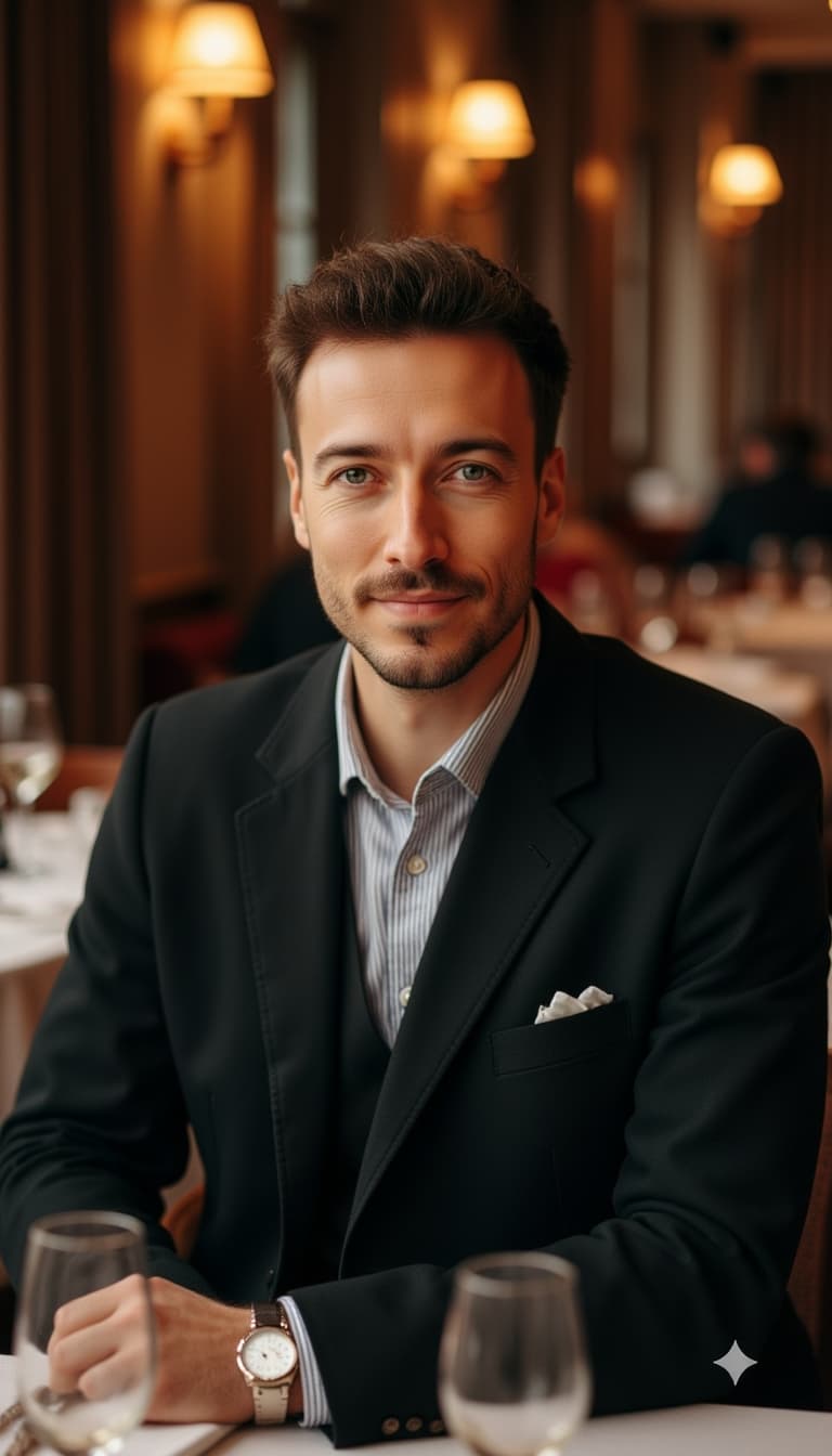Classic steakhouse moment, subject with premium cut, tailored blazer, sophisticated restaurant setti