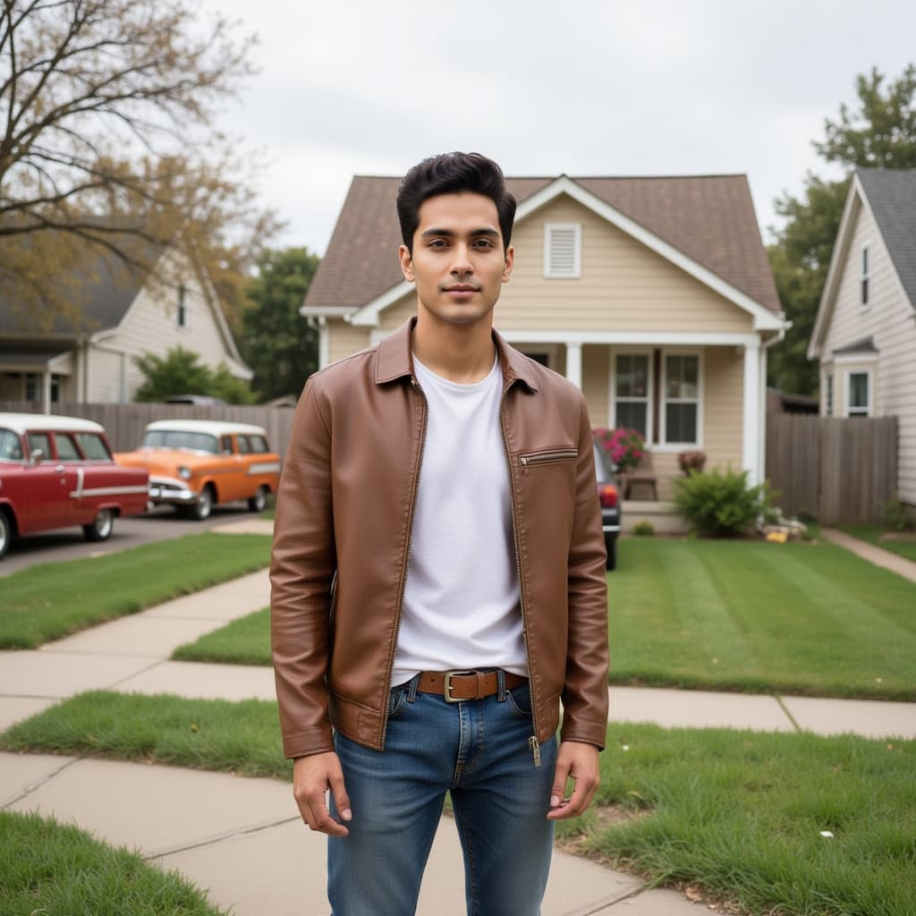 A high-definition photograph of a young male model in mid-1950s American suburban casual fashion. He
