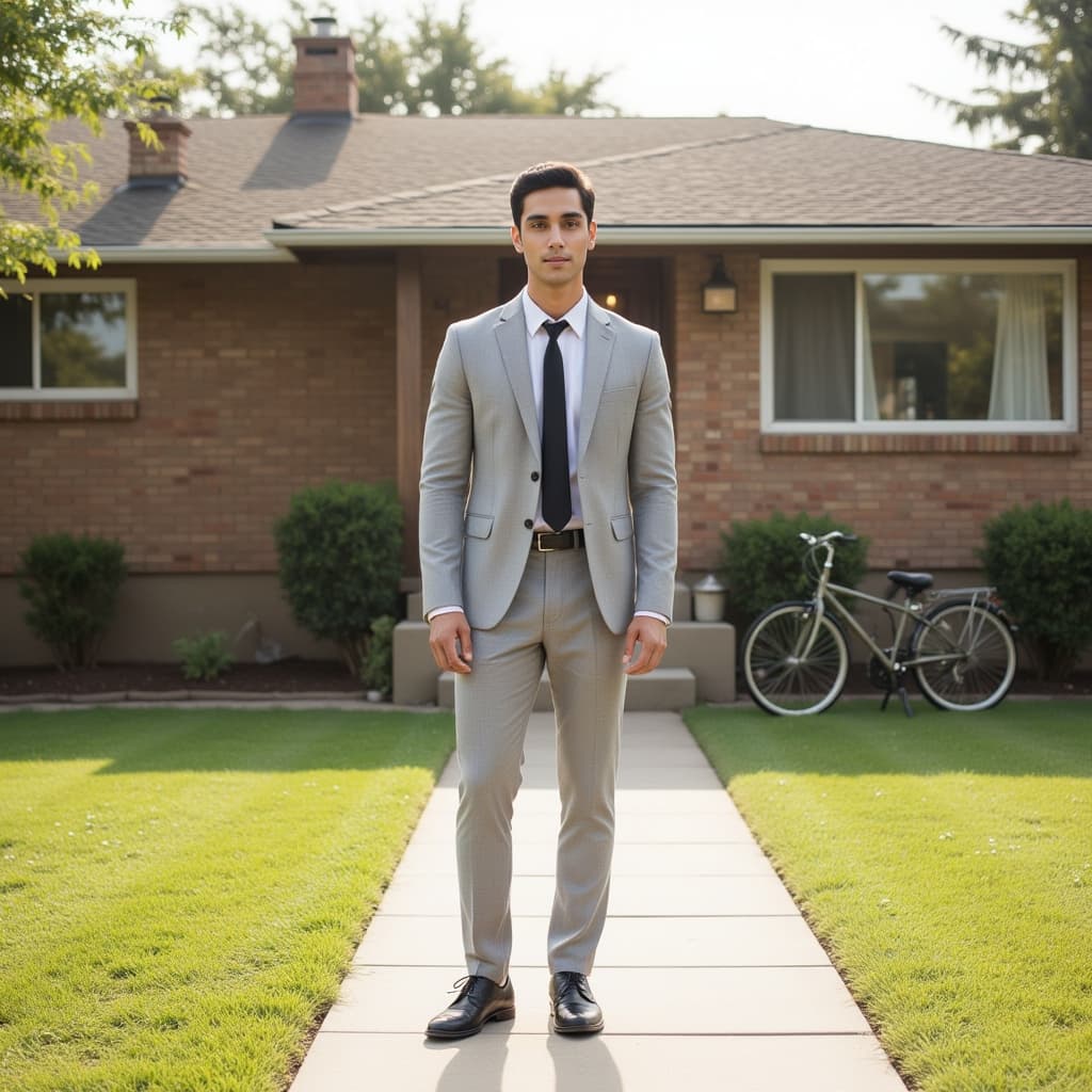 A high-definition photograph of a male model dressed in 1960s Mod-inspired suburban fashion. He stan