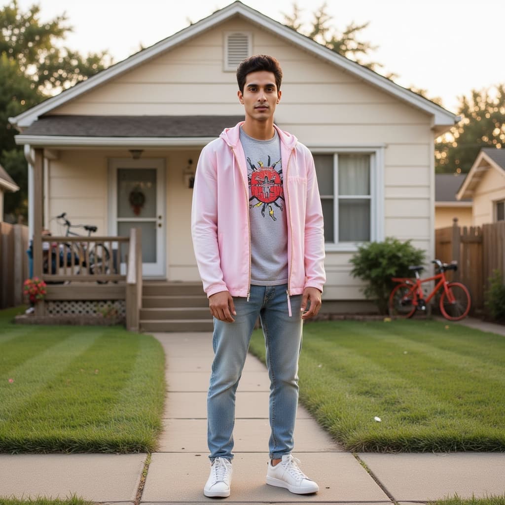 A high-definition photograph of a male model dressed in 1980s American suburban pop culture fashion.