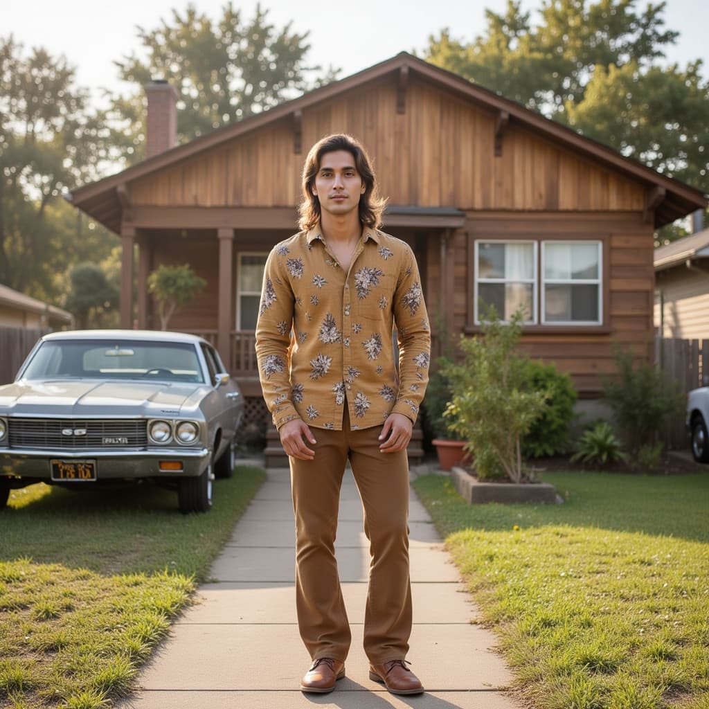 A high-definition image of a male model in authentic early 1970s American suburban fashion. He stand