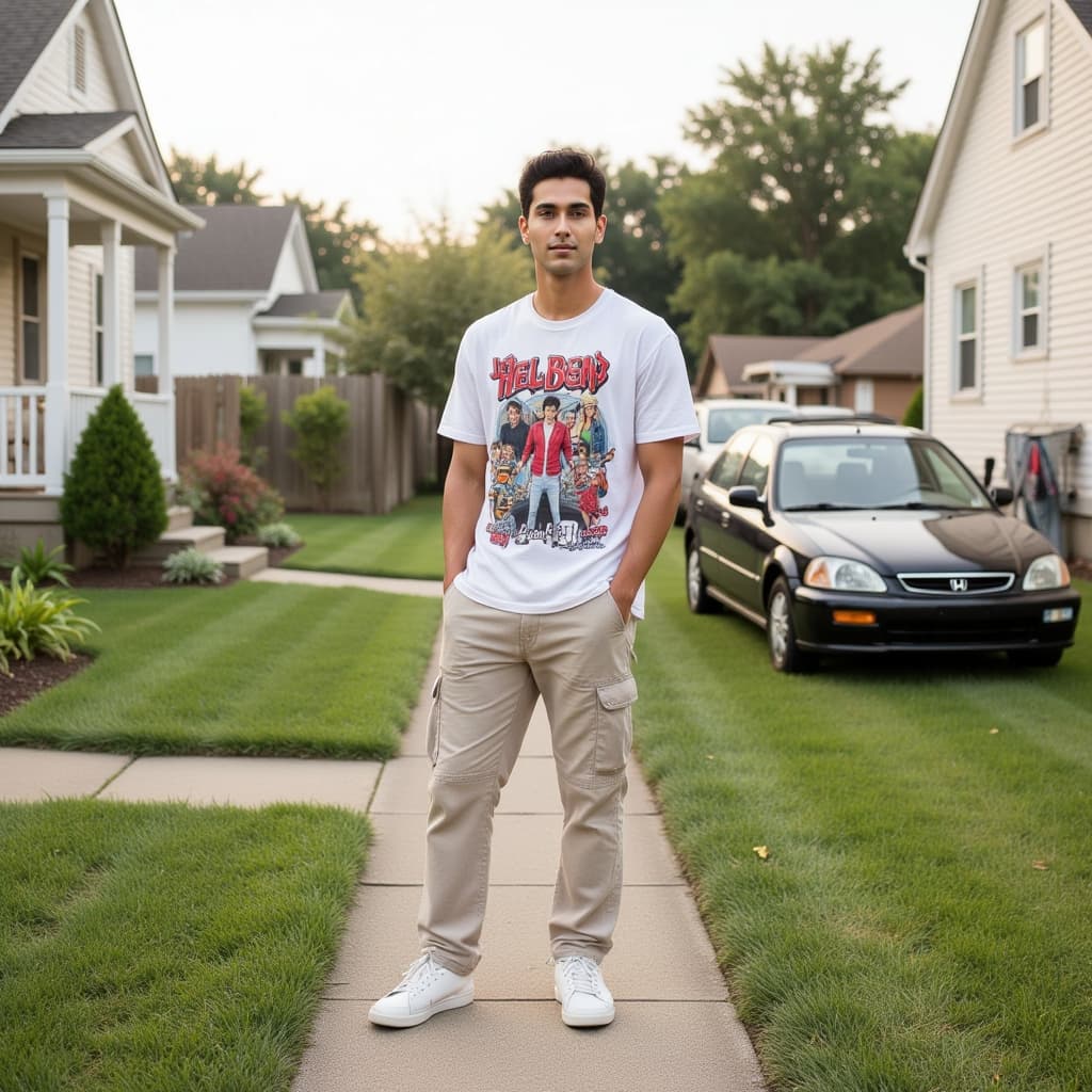 A high-definition photograph of a male model in late 90s to early 2000s American suburban casual fas