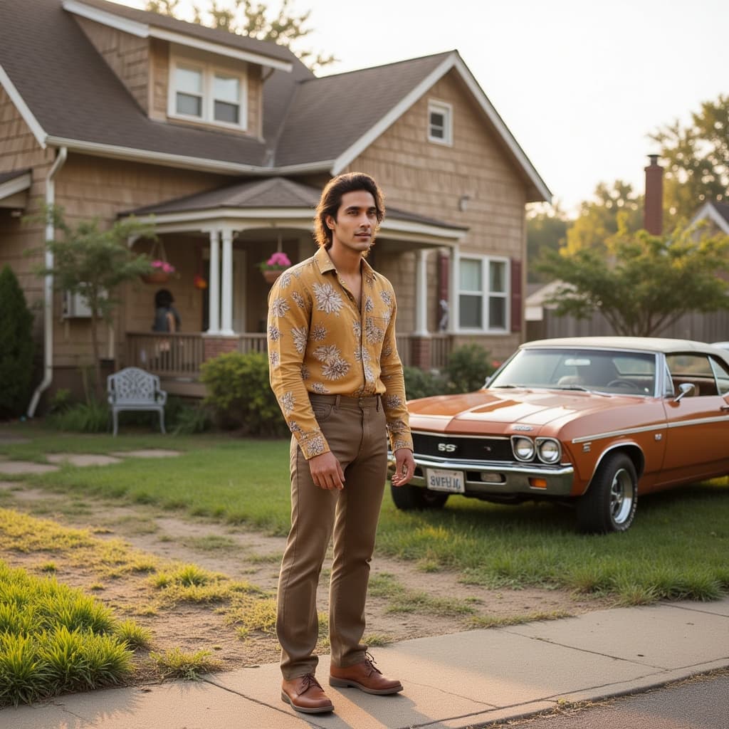A high-definition image of a male model in authentic early 1970s American suburban fashion. He stand