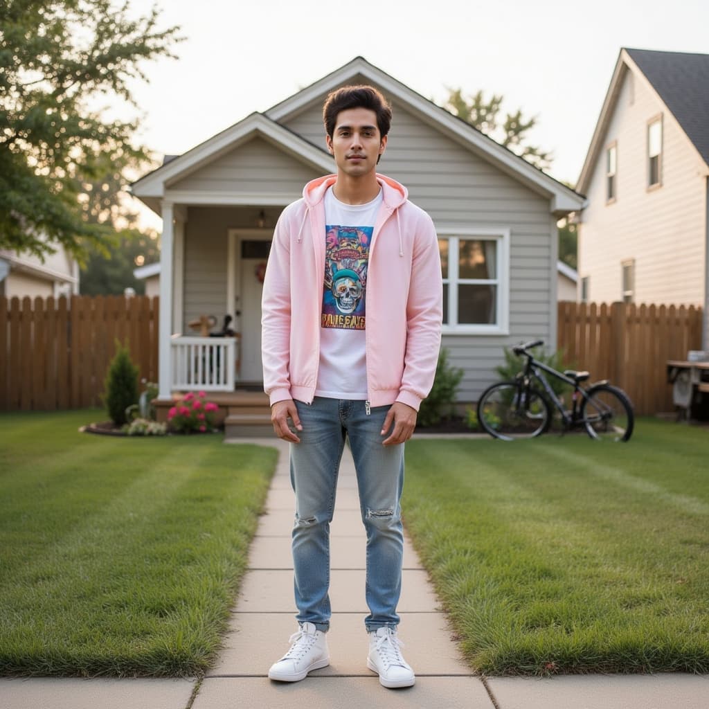 A high-definition photograph of a male model dressed in 1980s American suburban pop culture fashion.