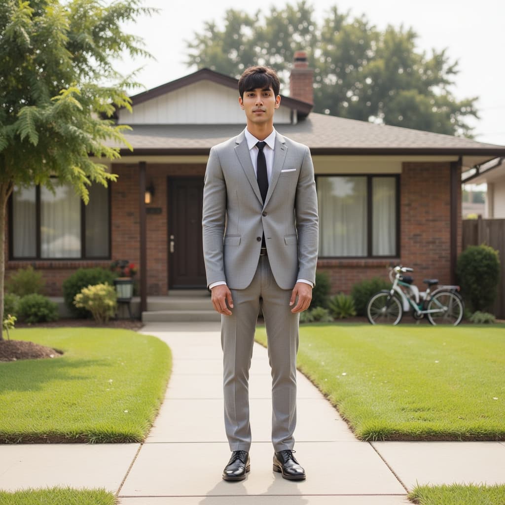 A high-definition photograph of a male model dressed in 1960s Mod-inspired suburban fashion. He stan