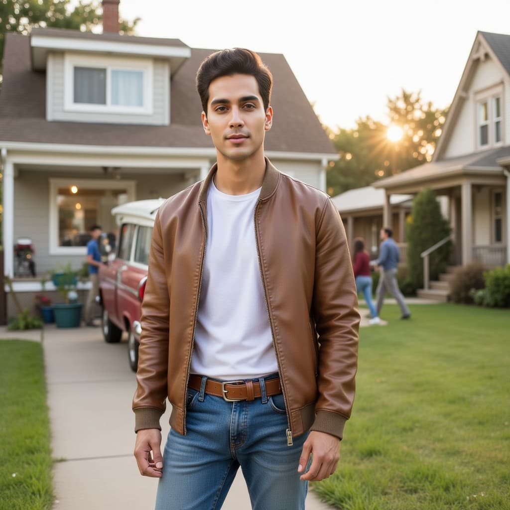 A high-definition photograph of a young male model in mid-1950s American suburban casual fashion. He