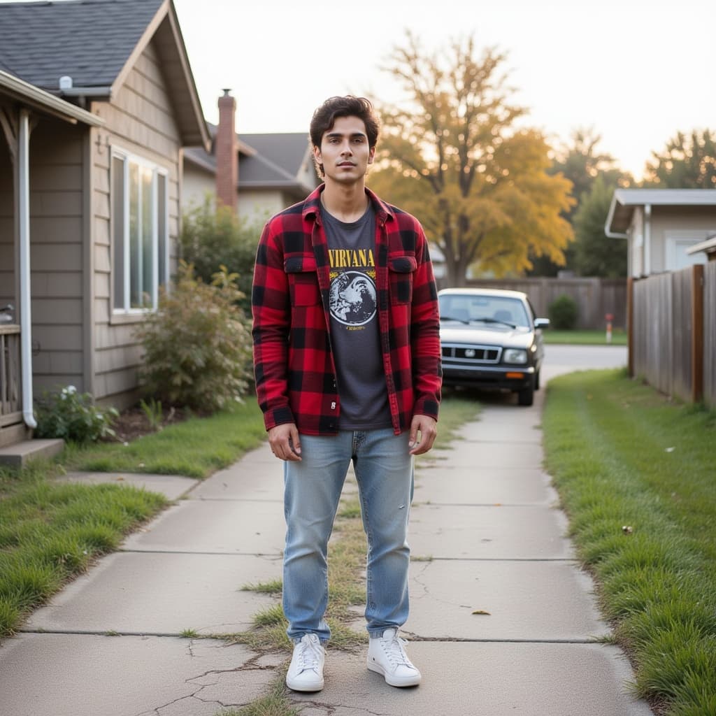 A high-definition photograph of a male model in 1990s American grunge style, captured in a residenti