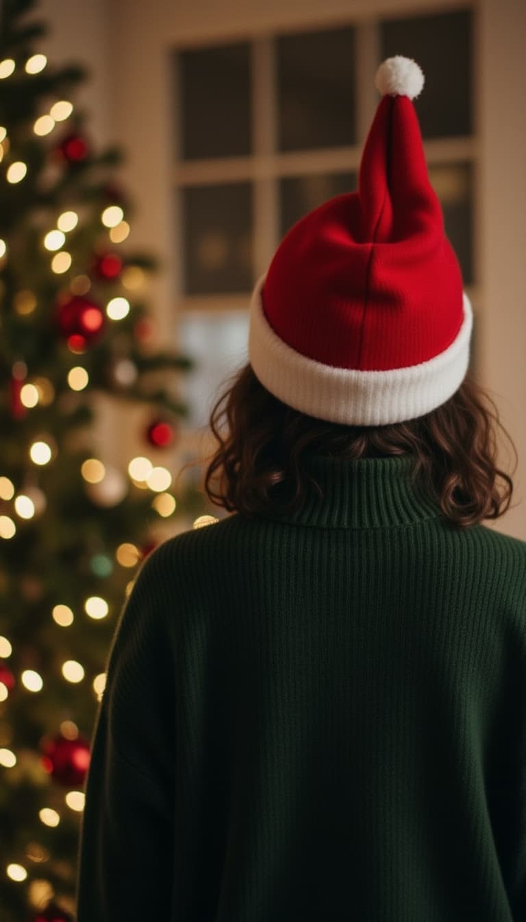 Wearing christmas cap, standing near a christmas tree