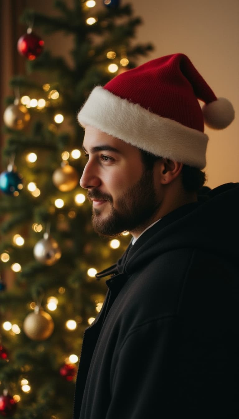 Wearing christmas cap, standing near a christmas tree
