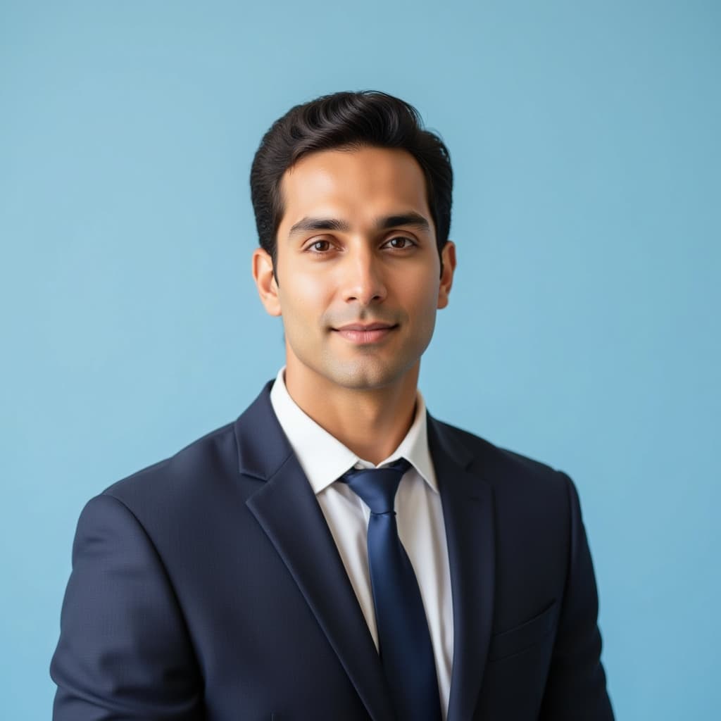 Professional business headshot photograph, looking straight at camera, dark navy suit with white shi