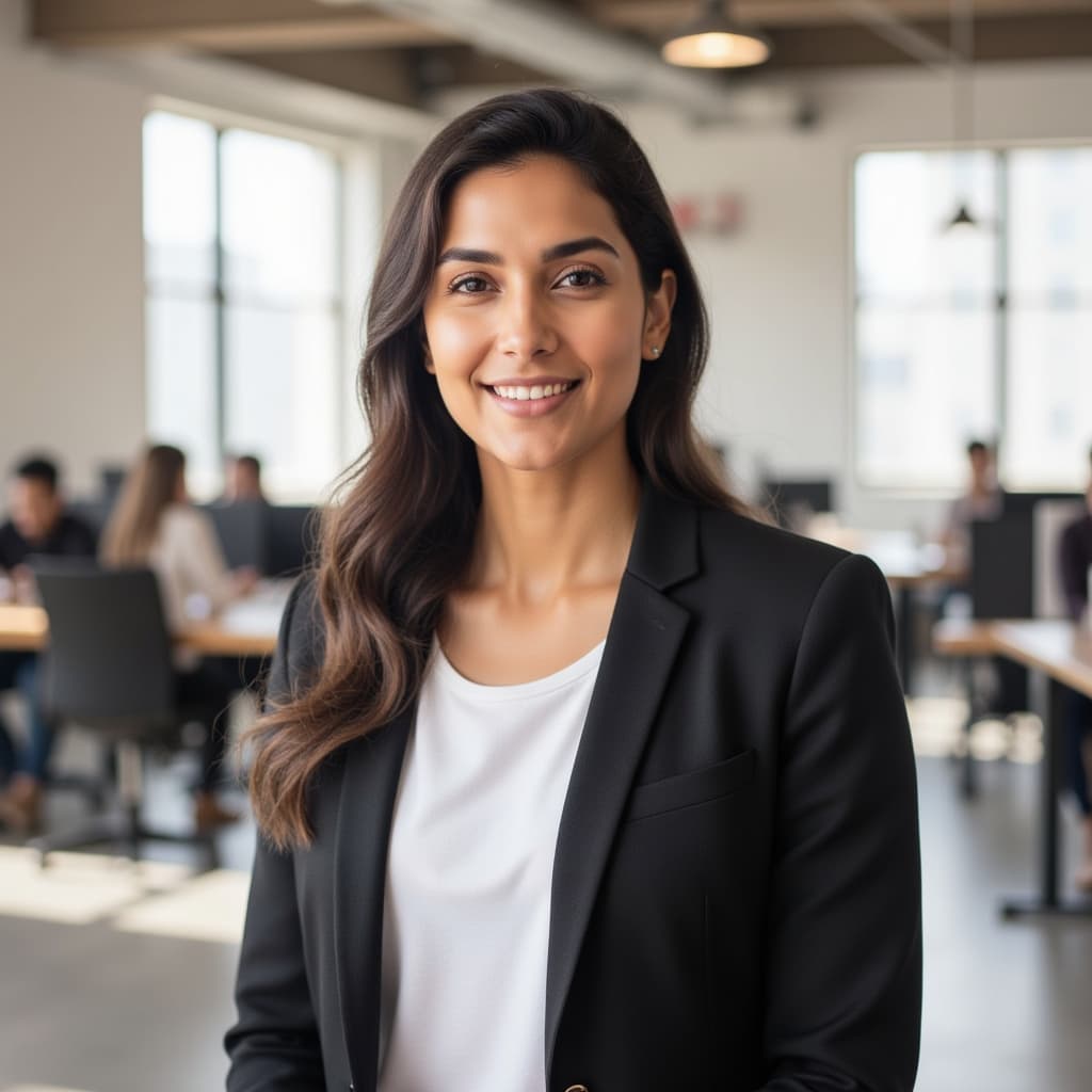 Professional LinkedIn headshot, direct camera gaze, casual blazer over fitted crew neck shirt, brigh