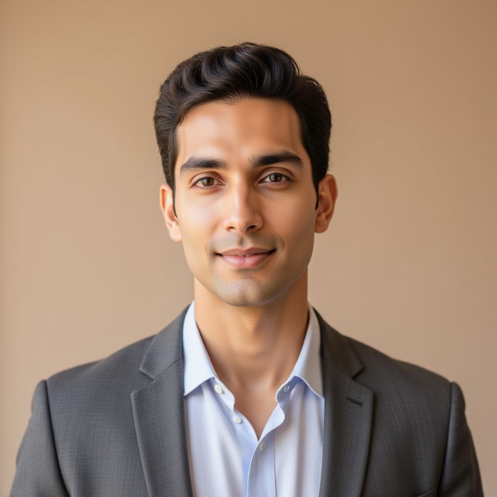 Professional LinkedIn portrait, direct camera gaze, medium gray suit with light colored shirt, warm