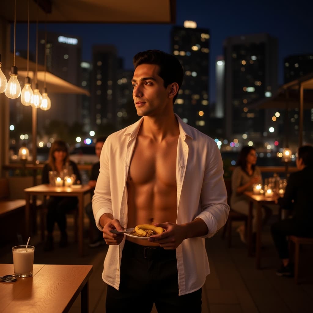 Create an Image of me on a date night with a slightly opened Shirt to show my massive abs. Make me e