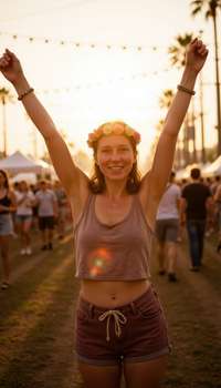 Candid shot at music festival or outdoor event, wearing trendy festival outfit with flower crown or 