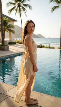 Environmental portrait at stunning tropical location with infinity pool or beach cabana, wearing flo