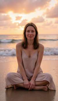 Portrait sitting on beach at water's edge during golden hour, wearing flowing beach dress, knees dra