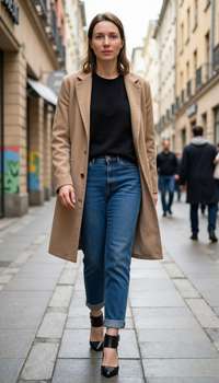 Full body shot walking confidently down trendy urban street, wearing fashionable streetwear outfit w