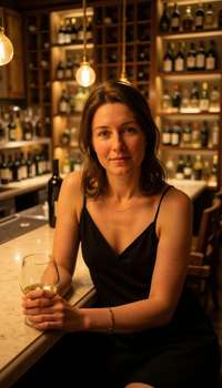 Elegant shot at trendy wine bar with floor-to-ceiling wine racks, wearing chic dress or sophisticate