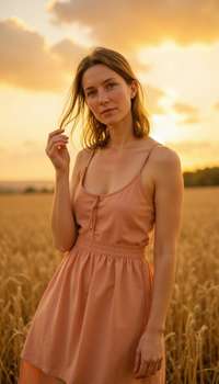 Portrait in flowing dress standing in golden wheat field or on hilltop, hair blowing naturally in br