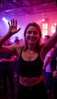 Shot at concert or club VIP section, wearing trendy night out outfit with statement accessories, dan