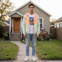 A high-definition photograph of a male model dressed in 1980s American suburban pop culture fashion.