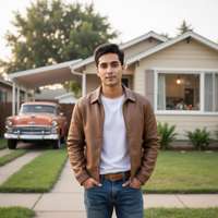 A high-definition photograph of a young male model in mid-1950s American suburban casual fashion. He
