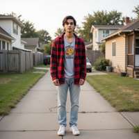 A high-definition photograph of a male model in 1990s American grunge style, captured in a residenti