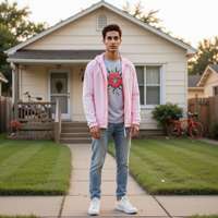 A high-definition photograph of a male model dressed in 1980s American suburban pop culture fashion.