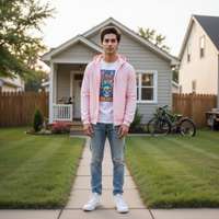 A high-definition photograph of a male model dressed in 1980s American suburban pop culture fashion.