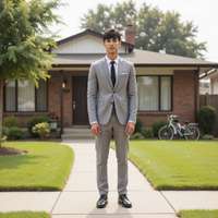 A high-definition photograph of a male model dressed in 1960s Mod-inspired suburban fashion. He stan