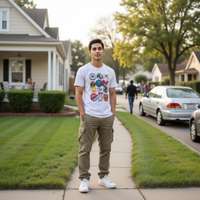 A high-definition photograph of a male model in late 90s to early 2000s American suburban casual fas