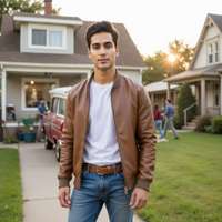 A high-definition photograph of a young male model in mid-1950s American suburban casual fashion. He